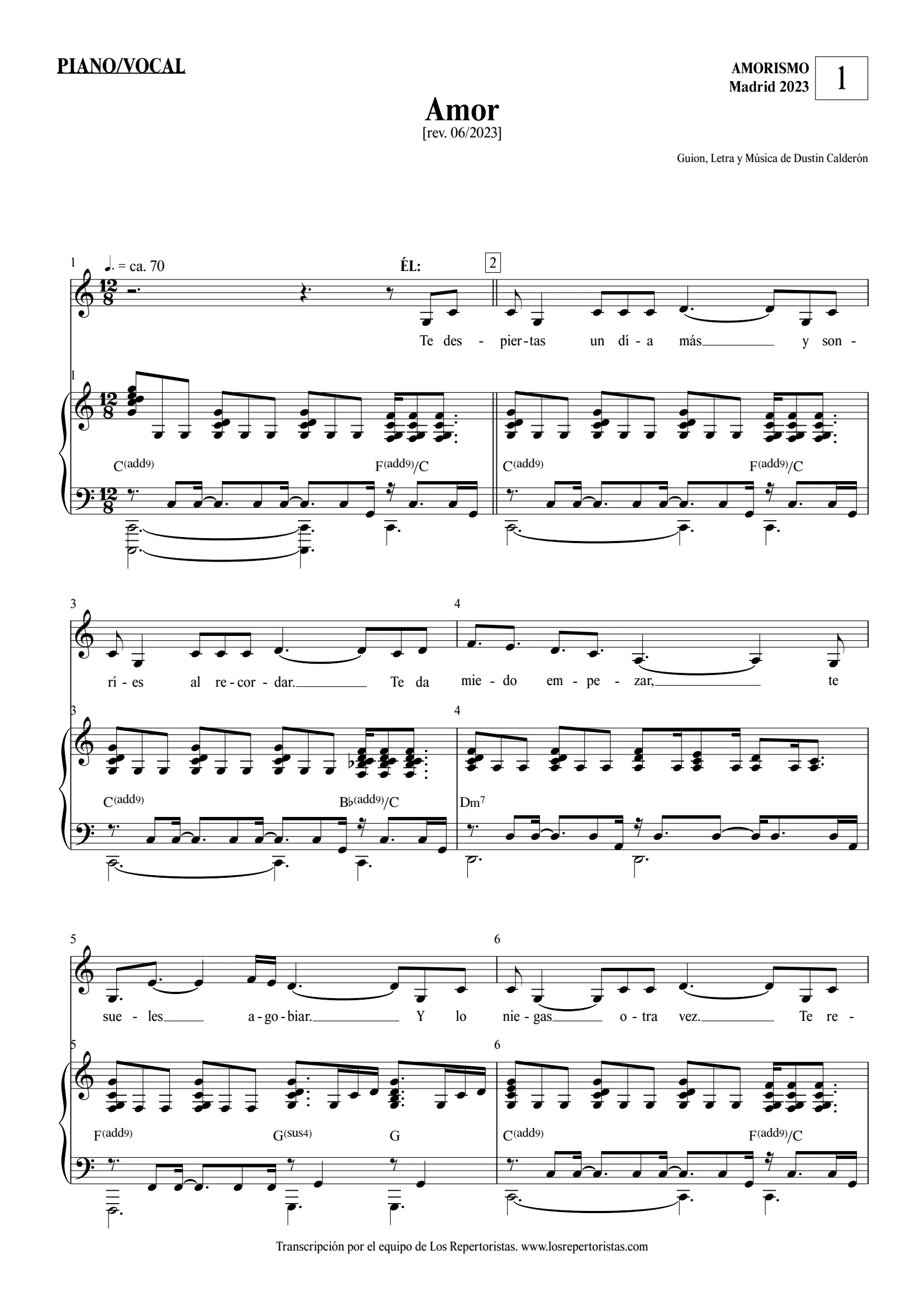 Dustin Calderón — Amorismo, Piano Vocal (portada de partitura)