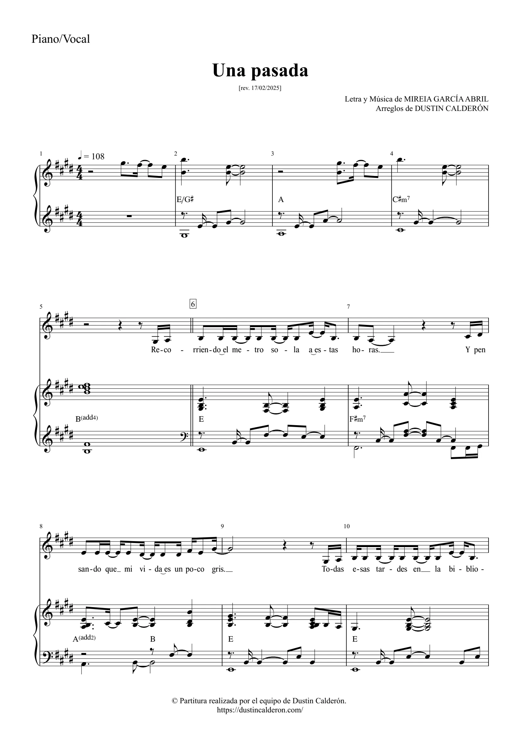 Mireia García Abril — Una pasada, Piano Vocal (portada de partitura)