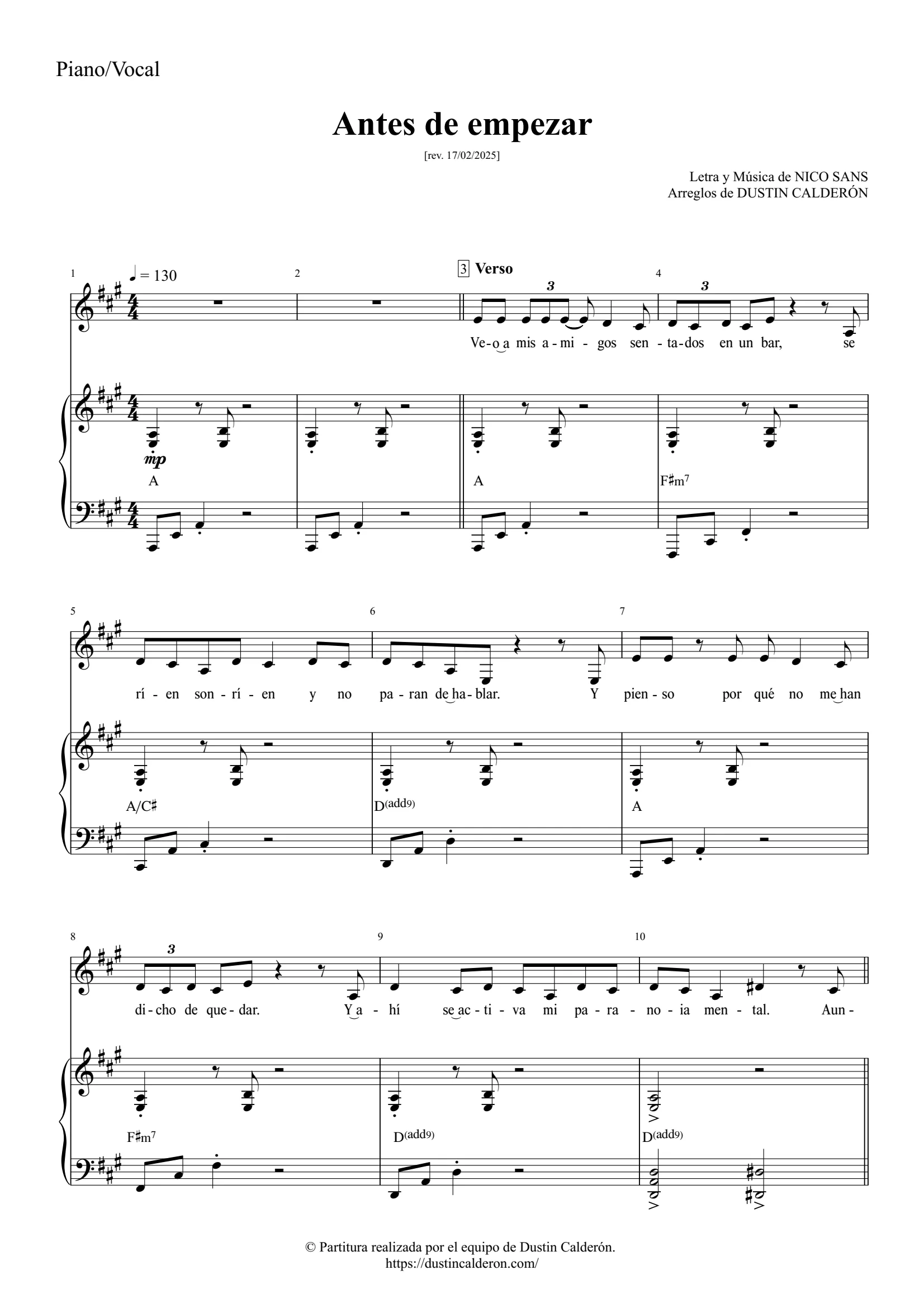 Nico Sans — Antes de empezar, Piano Vocal (portada de partitura)