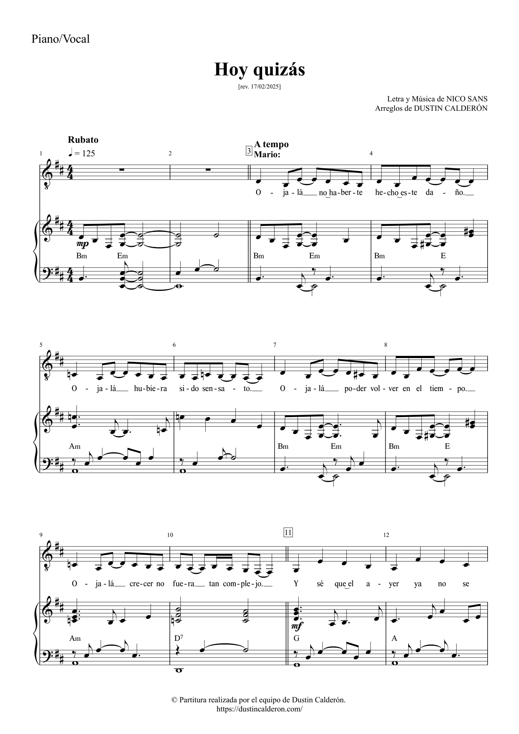 Nico Sans — Hoy quizás, Piano Vocal (portada de partitura)